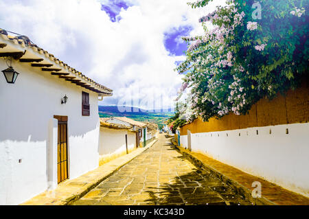 Vista su edifici coloniali nelle strade di barichara - Colombia Foto Stock