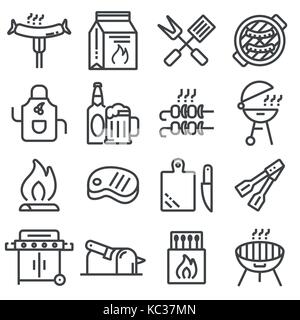 Set di barbecue relativi linea del vettore icone. grill, bevande, strumenti, tipi di carni Illustrazione Vettoriale