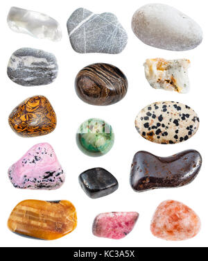 Set di vari minerali naturali Pietre preziose (grovacca, strass, antofillite, Dalmazia, mariam pietra, hydrogoethite, calcite, rhodonite, rhodochros Foto Stock