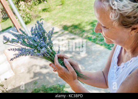 Bella donna di mezza età, nel suo cortile in campagna, organizza fiori di lavanda Foto Stock