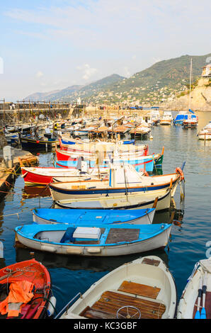 Barche da pesca ormeggiate nel porto di Camogli Italia Foto Stock