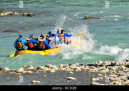 Un gruppo di turisti il rafting sul fiume Athabasca nel Parco Nazionale di Jasper, Alberta Canada. Foto Stock