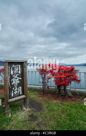 Nuvoloso vista del famigerato Lago Toya. Il lago è una caldera vulcanica lago di shikotsu-toya national park, situato in hokkaidō, Giappone. Foto Stock