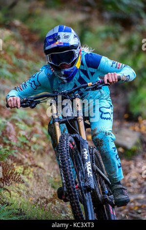 Professional downhill mountain bike racer Tahnée Seagrave dal Regno Unito. Foto di maneggio a Bikepark Galles. Foto Stock