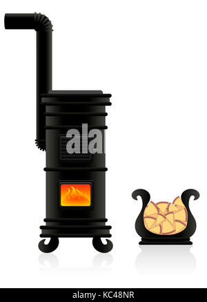 Ventre gonfio stufa - antica stufa di ferro di getto con fiamme alla finestra di visualizzazione, plus nave per la legna da ardere. illustrazione su sfondo bianco. Foto Stock