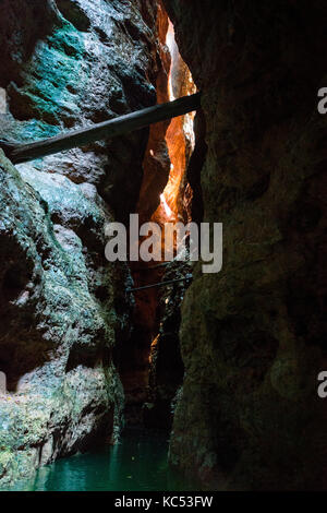 Il canyon del fiume Novella visto dal kayak, Santa Giustina Lago, Val di Non, in provincia di Trento, Trentino Alto Adige, Italia, Europa Foto Stock