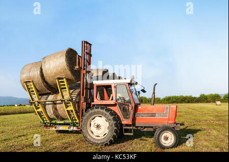 Sollevamento del trattore della balla di fieno sulla carriola.Il paesaggio agricolo. Foto Stock