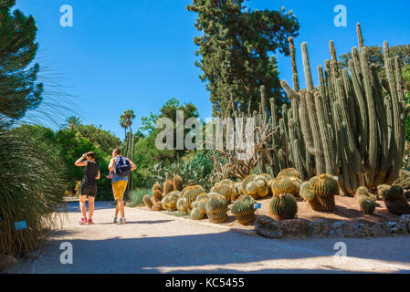 Valencia Spagna giardino botanico, vista posteriore di una giovane coppia visitare la zona delle piante del deserto del Jardin Botanico a Valencia, Spagna Foto Stock