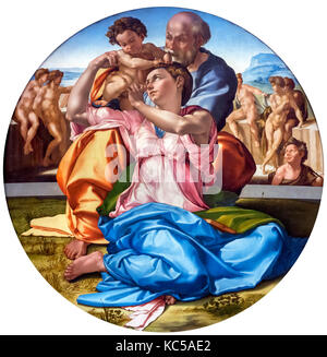 Doni tondo. La Sacra Famiglia con il Bambino San Giovanni Battista (il tondo doni) di Michelangelo (1475-1564), tempera grassa su legno, ca Foto Stock