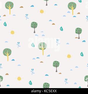 Semplice estate seamless pattern con alberi, sun, gocce di pioggia, fiori, frutti di bosco. illustrazione vettoriale Illustrazione Vettoriale