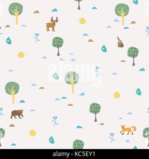 Estate seamless pattern con gli animali del bosco. per gli sfondi, sfondi, tessuto, stampe, tessili, confezionamento, schede di copertura. Illustrazione Vettoriale