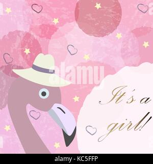 Si tratta di una ragazza. Baby girl annuncio di nascita card, etichetta, saluto, complimento.simpatico uccello annuncia l arrivo della bambina. sfondo rosa con blue bu Illustrazione Vettoriale