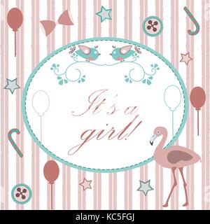 Baby girl annuncio di nascita. baby doccia invito card. carino fenicottero rosa bird annuncia l arrivo di una bambina. scheda Retrò design. backg rosa Illustrazione Vettoriale