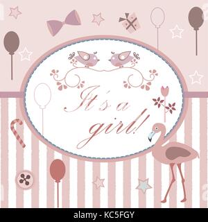 Baby girl annuncio di nascita doccia invito card. carino fenicottero rosa bird annuncia l arrivo di una bambina. Carte di progettazione con strisce, festive b Illustrazione Vettoriale