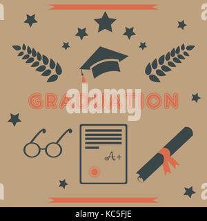 Pacchetto di graduazione. design retrò. arancio e nero le icone per la cerimonia di laurea , cartoline postali, cartoline di auguri, t-shirt, inviti. Illustrazione Vettoriale