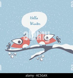 Due uccelli seduto su un ramo dire ciao " Inverno ". ciao Winter card con il cartoon gli uccelli su un ramo coperto di neve. inverno sfondo. Saluto ca Illustrazione Vettoriale