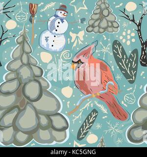 Seamless pattern invernale con grazioso uccello cardinale, pupazzo di neve e albero di abete rosso. illustrazione vettoriale. Illustrazione Vettoriale