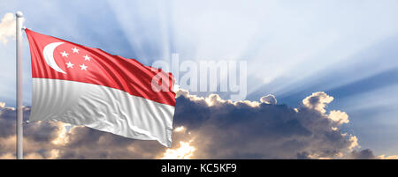 Singapore sventola bandiera sul cielo blu. 3d illustrazione Foto Stock