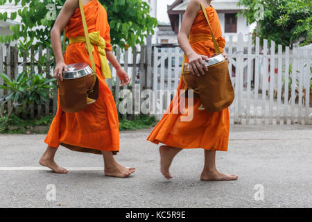 I monaci buddisti sulla strada a Luang Prabang, Laos Foto Stock