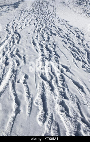 Impronte sulla neve in inverno sera montagne dopo la nevicata Foto Stock