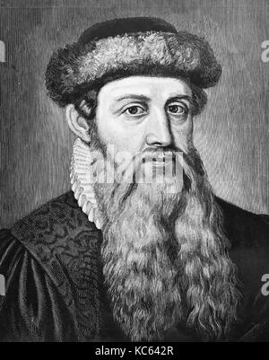 Johannes GUTENBERG (c 1400-1468) inventore tedesco della macchina da stampa in un'illustrazione del 19th secolo Foto Stock