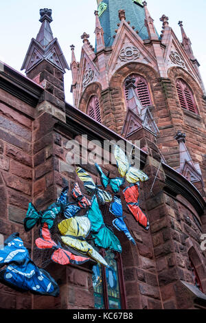 Washington DC, Thomas Circle, Luther Place Memorial Church, Christian, chiesa, religione, esterno, installazione artistica, farfalle, DC170527082 Foto Stock