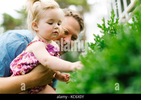 Padre giocare con baby girl (12-17 mesi) nel cortile posteriore Foto Stock