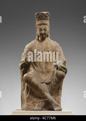 北魏 云崗第25窟 彩繪石雕交腳菩薩像（砂岩）, Bodhisattva con incrociate le caviglie, probabilmente Avalokiteshvara (Guanyin), ca. 470-80 Foto Stock