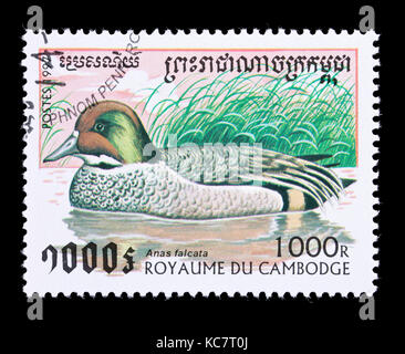 Francobollo da Cambogia raffiguranti falcated duck o falcated teal (Mareca falcata) Foto Stock