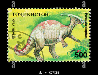 Francobollo dal Tagikistan raffigurante un Parasaurophus Foto Stock