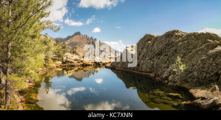 Vista panoramica del piccolo lago di paglia orba circondata da rocce, alberi di pino e montagne vicino al GR20 sentiero escursionistico in Corsica centrale Foto Stock