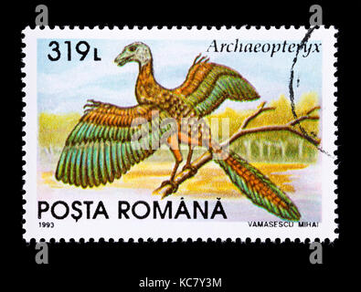 Francobollo dalla Romania che raffigura un archaeopteryx Foto Stock
