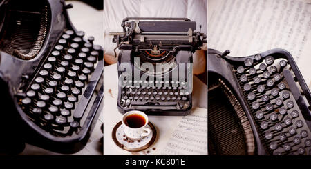 Dettagli della vecchia macchina da scrivere a ruggine e polvere.collage retrò Foto Stock