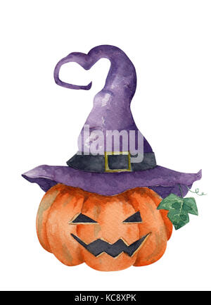 Jack o lanterna zucca di Halloween con viola witch hat, concetto di halloween, illustrazione ad acquerello su carta, isolato su sfondo bianco. Foto Stock