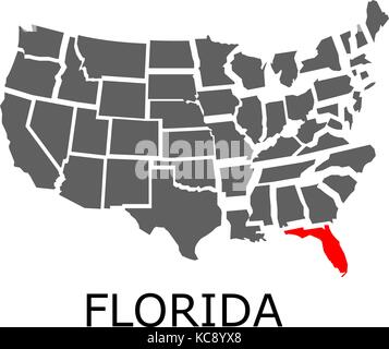 Al confine con la mappa geografica degli Stati Uniti con lo stato della Florida contrassegnati con il colore rosso. Illustrazione Vettoriale