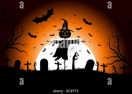 Festa di Halloween Poster. Holiday card con lo spaventapasseri e Zombie mani e un cimitero in background. Invito di Halloween o festa di Halloween Poster Illustrazione Vettoriale