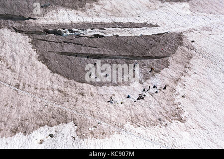 Un gruppo di alpinisti alpinisti praticando crepaccio soccorso con funi sul Glacier du argentiere in estate Foto Stock