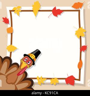 Vector felice giorno del ringraziamento card. Turchia cartoon in vendita banner. eps10 holiday del bordo dello sfondo illustrazione decorata con colorate Foglie di autunno Illustrazione Vettoriale