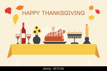 Vettore la Giornata del ringraziamento tavolo con bottiglia di vino rosso, girasoli in vaso, cotto in Turchia, torta di zucca e candela. Felice ringraziamento testo con l'autunno Illustrazione Vettoriale