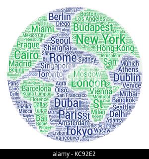 Tag cloud sulle famose città fatta di parole collage isolati su sfondo bianco. Illustrazione Vettoriale