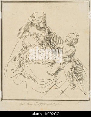 Madonna e Bambino, 1775, attacco, foglio: 5 5/16 x 4 5/16 in. (13,5 x 11 cm), stampe, dopo Simone Cantarini (italiano, Pesaro 1612 Foto Stock