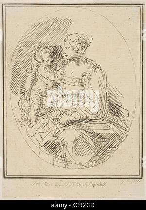 Madonna e Bambino, 1775, attacco, foglio: 5 5/16 x 3 15/16 in. (13,5 x 10 cm), stampe, dopo Simone Cantarini (italiano, Pesaro Foto Stock