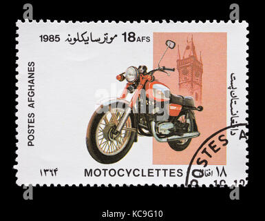 Francobollo da Afghanistan raffigurante un motociclo. Foto Stock