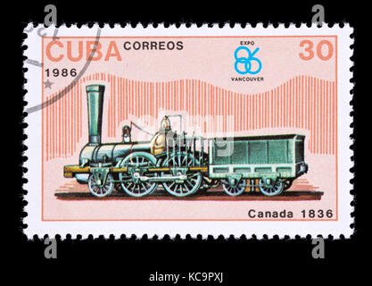 Francobollo da Cuba raffigurante il primo canadese locomotiva a vapore dal 1836. Foto Stock