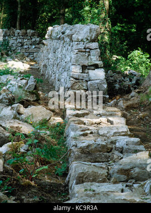 Muro a secco ricostruito da Richard Jones, Loggerheads Country Park, Denbighshire, Galles del Nord, Regno Unito. Calcare di provenienza locale. Foto Stock