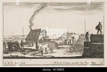 Piastra 4: un accampamento militare con un soldato in piedi su un parapetto a destra battendo un tamburo, da 'vari capricci militare Foto Stock