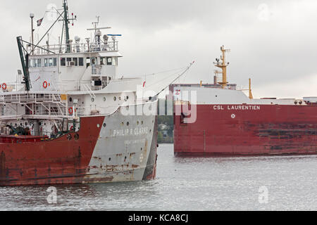 Sault Ste Marie, Michigan - grandi laghi, navi da carico sul fiume St. Mary, appena sotto le chiuse di Soo. Appena passato attraverso le serrature, Foto Stock