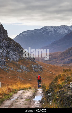 Un escursionista a piedi verso le vette del Beinn Dearg Mor e Beinn Dearg Bheag con il fiume Gruinard appena al di fuori della vista. Highlands scozzesi, Scozia, Foto Stock