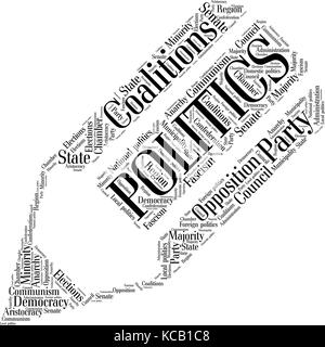 Nuvola di parole della politica fatta di una matita forma con tag su sfondo bianco. Illustrazione Vettoriale