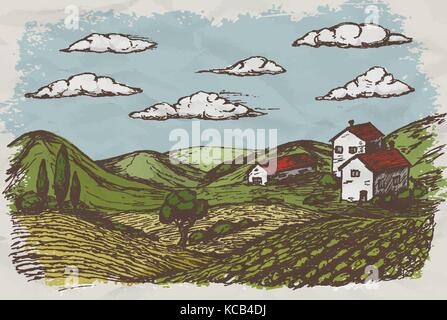 Disegnata a mano case di villaggio schizzo e natura. illustrazione vettoriale Illustrazione Vettoriale